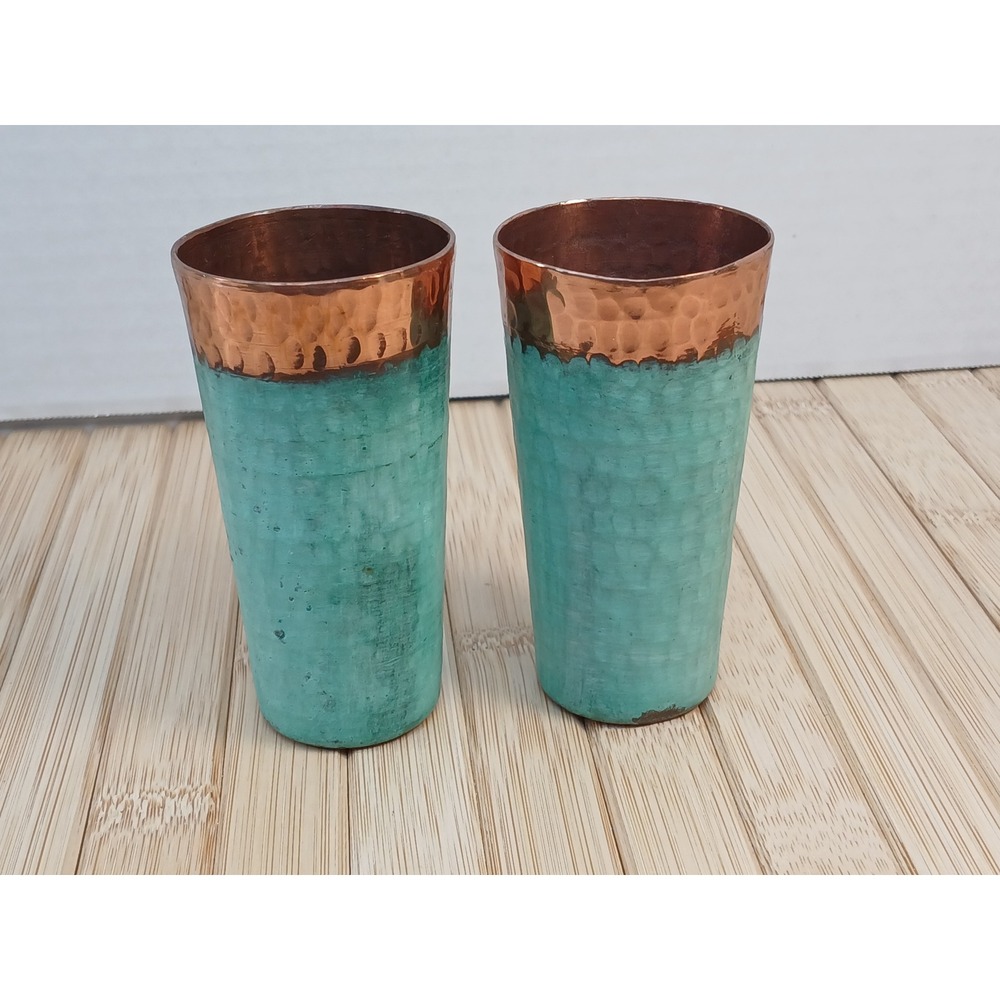 Rustic Hammered Copper Tumblers Set of 2 Turquoise Verdigris Patina Finish
